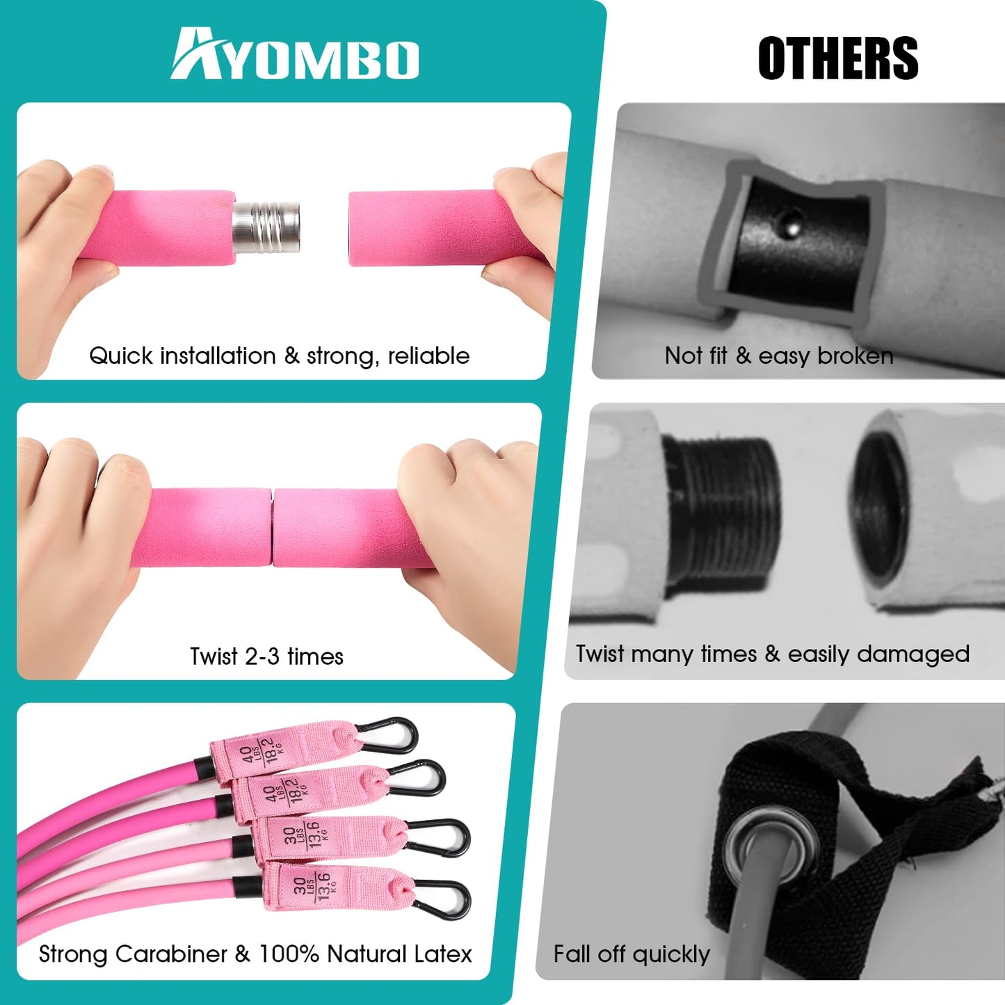 Ayombo Pilates Bar Kit with Resistance Bands, Pilates Workout Equipment for Legs, Hip, Waist, Arm, Squats Exercise Equipment for Home Workouts, Adjustable 3-Section Pilates Bar Kit for Women & Men