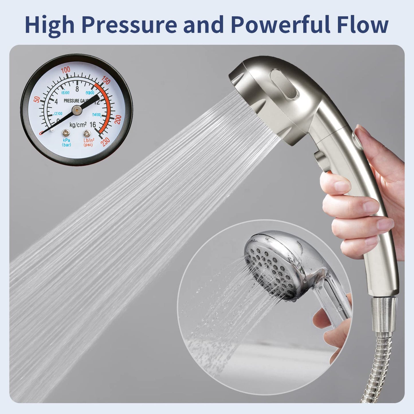 HANLIAN High Pressure Shower Head with Pause Button, 3 Spray Modes Shower Head for RV Camper, Water Saving On Off Shower, Handheld Shower Head with Hose and Self-adhesive Holder (Brushed Nickel)