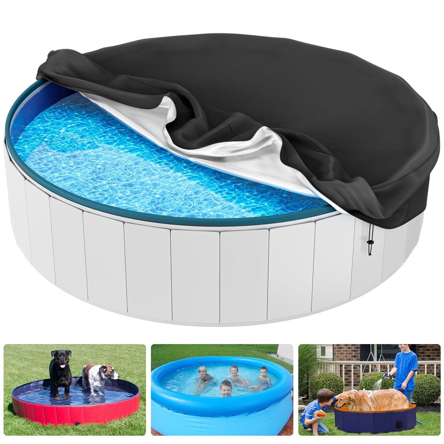 63" Foldable Dog Pool Cover, Round Swimming Pool Cover for Pets Kids Bath Tub, Inflatable Pool,Anti-UV Dustproof Waterproof Pool Safety Cover，Outdoor Inflatable Paddling Cover