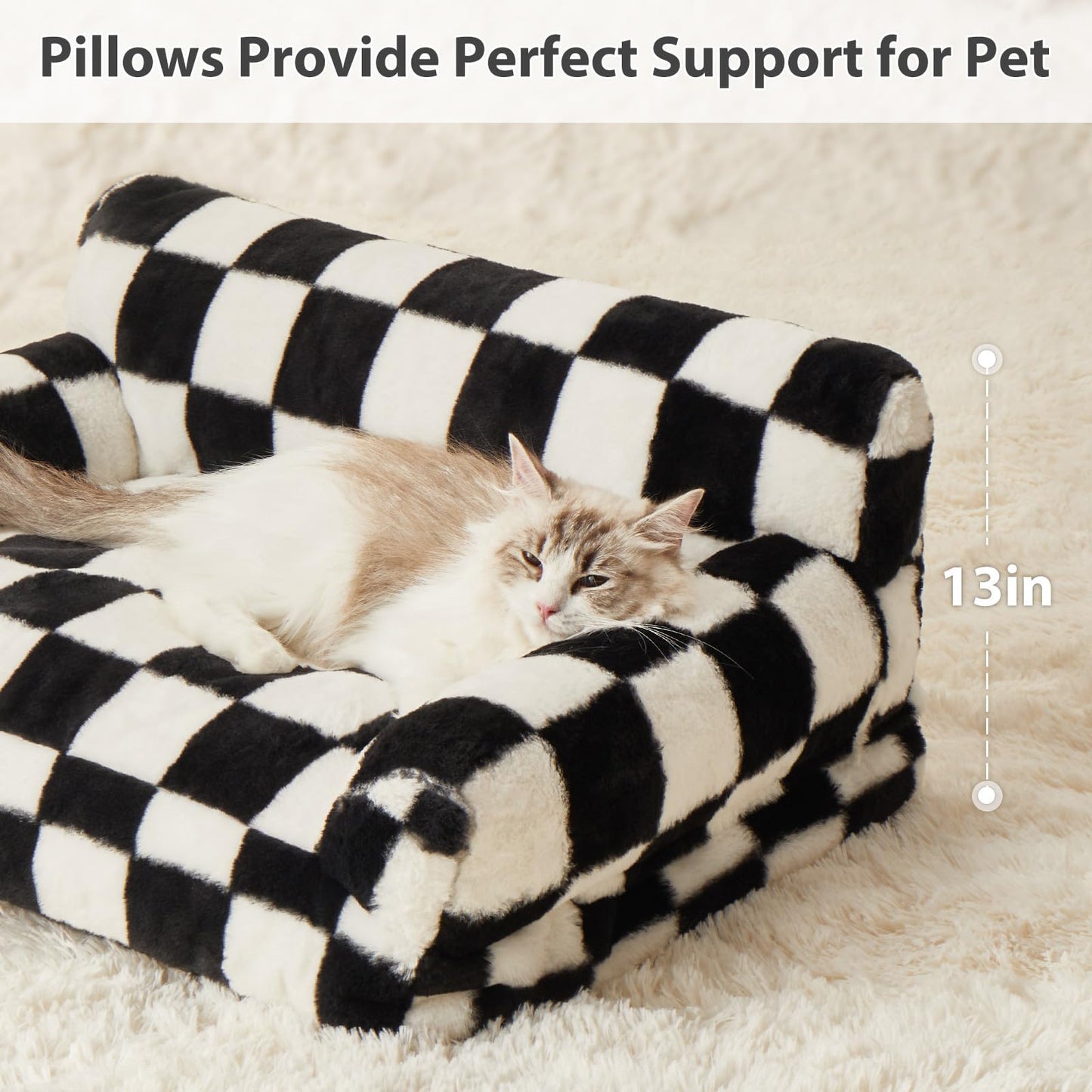 BFPETHOME Cat Couch & Dog Couch Bed, Pet Sofa for Small Pet, Cute Cat Sofa, Checkered Dog Bed with Washable Cover (Black&White)