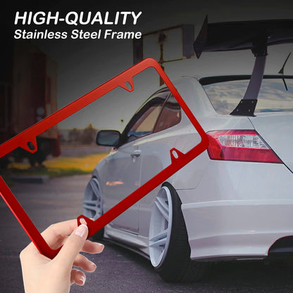 alpmosn 2PCS Stainless Steel License Plate Frames, 4 Holes Car Licence Plate Covers with Screws Washers and Caps, Car Exterior Accessories, License Plate Holder for US Vehicles (Red)