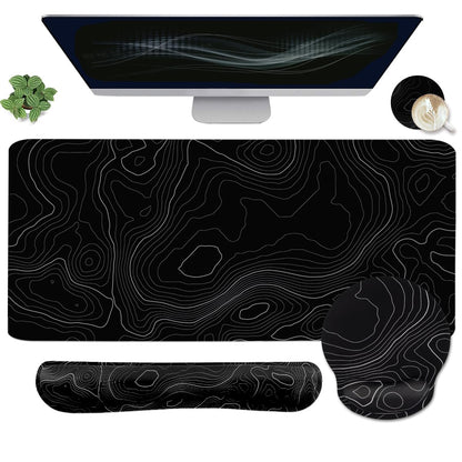 4-in-1 Gaming Mouse Pad Wrist Support Set，Desk Pad + Mouse Pad with Wrist Rest + Keyboard Wrist Rest + Coaster, Ergonomic Design for Home Office Study Game - Topographic Contour