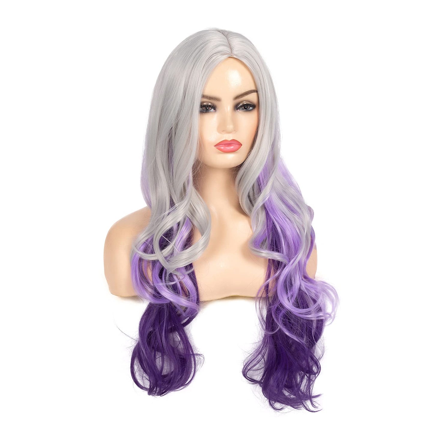 Beweig Long Curly Wavy Silver Grey to Purple Wig Side Part Natural Looking Synthetic Cosplay Wig for Women