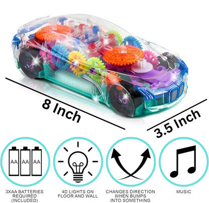 ArtCreativity Light Up Transparent Sensory Car Toy for Kids, 1PC, Bump and Go Toy Car with Colorful Moving Gears, Music, and LED Effects, Easter Toys for Toddlers, Great Birthday Gift Idea