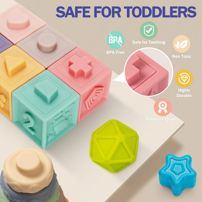 Baby Toys 6 to 12 Months, 5 In 1 Montessori Toys for 1 Year Old, Incl Travel Pull String Toy & Rattle Teether & Stacking Baby Block & Soft Infant Ring & Sensory Ball for Toddler 0-3-6-9-12 Month