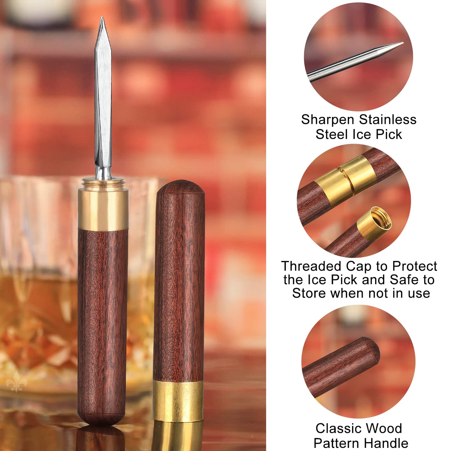 Ice Pick Set of 2 Three Pronged lce Pick, Stainless Steel Ice Pick with non-slip Wood Handle, Durable Carving Bartender Tool(7inch 2pcs)