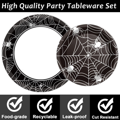 96 Pcs Halloween Party Paper Plates Napkins Supplies Set Spider Web Disposable Tableware Decorations Get Together Celebration Halloween Birthday Party Favors for 24 Guests
