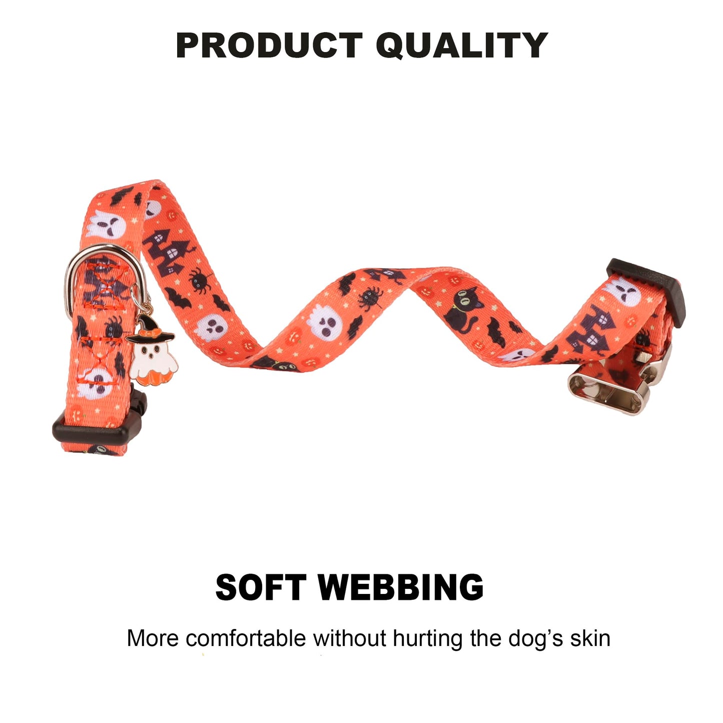 ADOGGYGO Halloween Dog Collar, Adjustable Orange Ghost Halloween Collars for Small Medium Large Dogs (Medium)