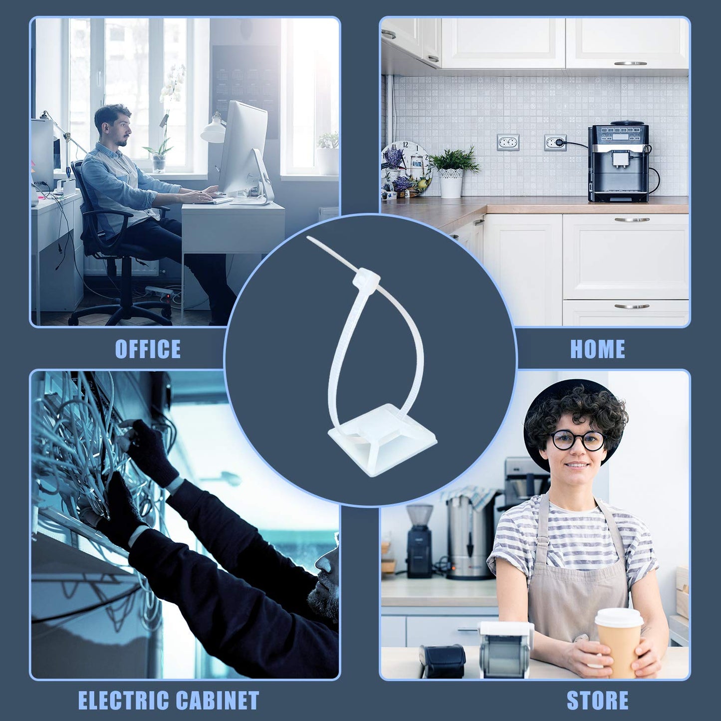 HUASAI 4/5" 100 Pack Zip Tie Mount With Cable Ties,Self Adhesive-backed Mounts for Wire Holder, White Cable Management Clips Wall Anchors