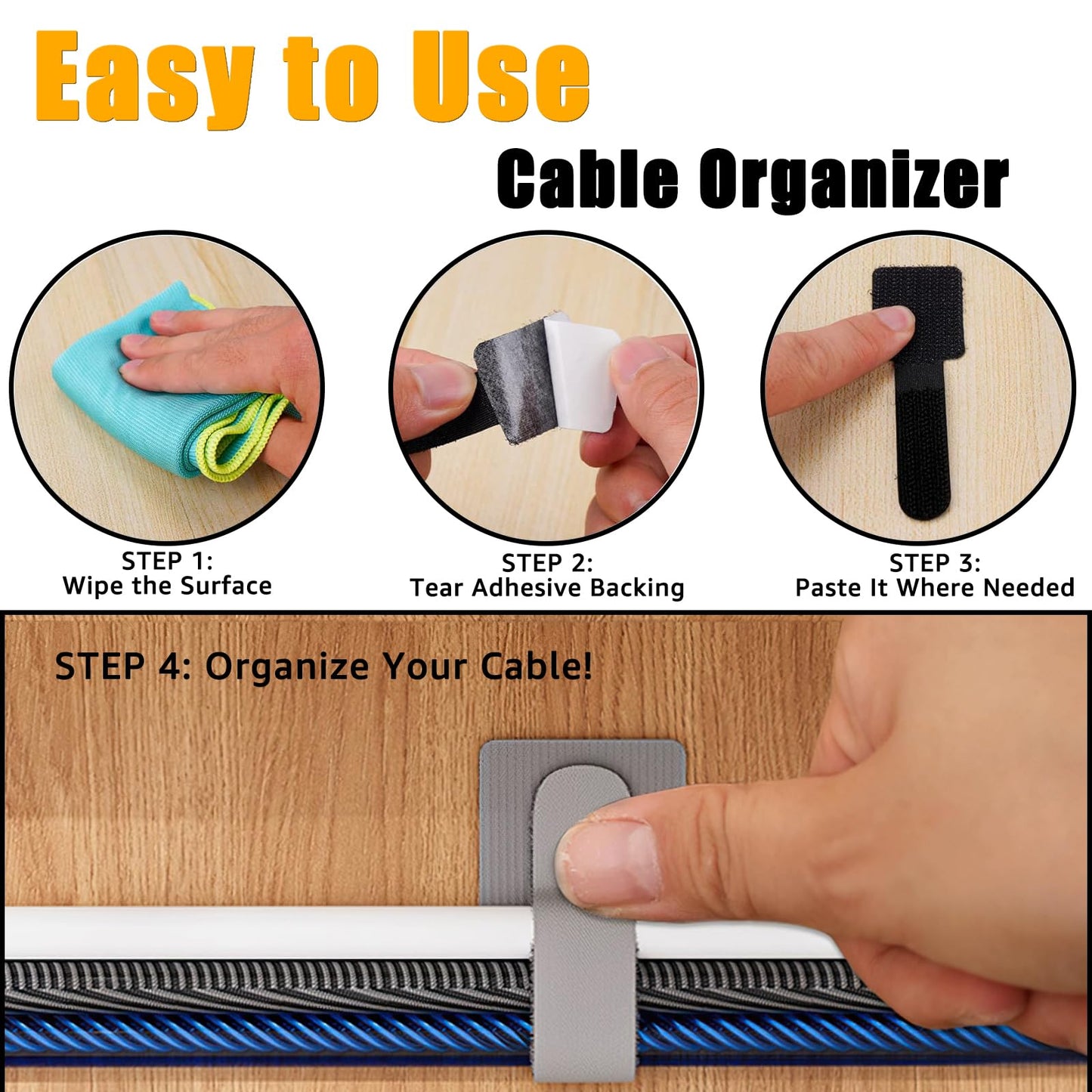 80PCS Hook and Loop Cable Straps, Cable Management Under Desk, Self Adhesive Cable Ties, Reusable Wire Organizers for Cords, Adjustable Cord Organizers for Desk, Home Office Essentials, Black