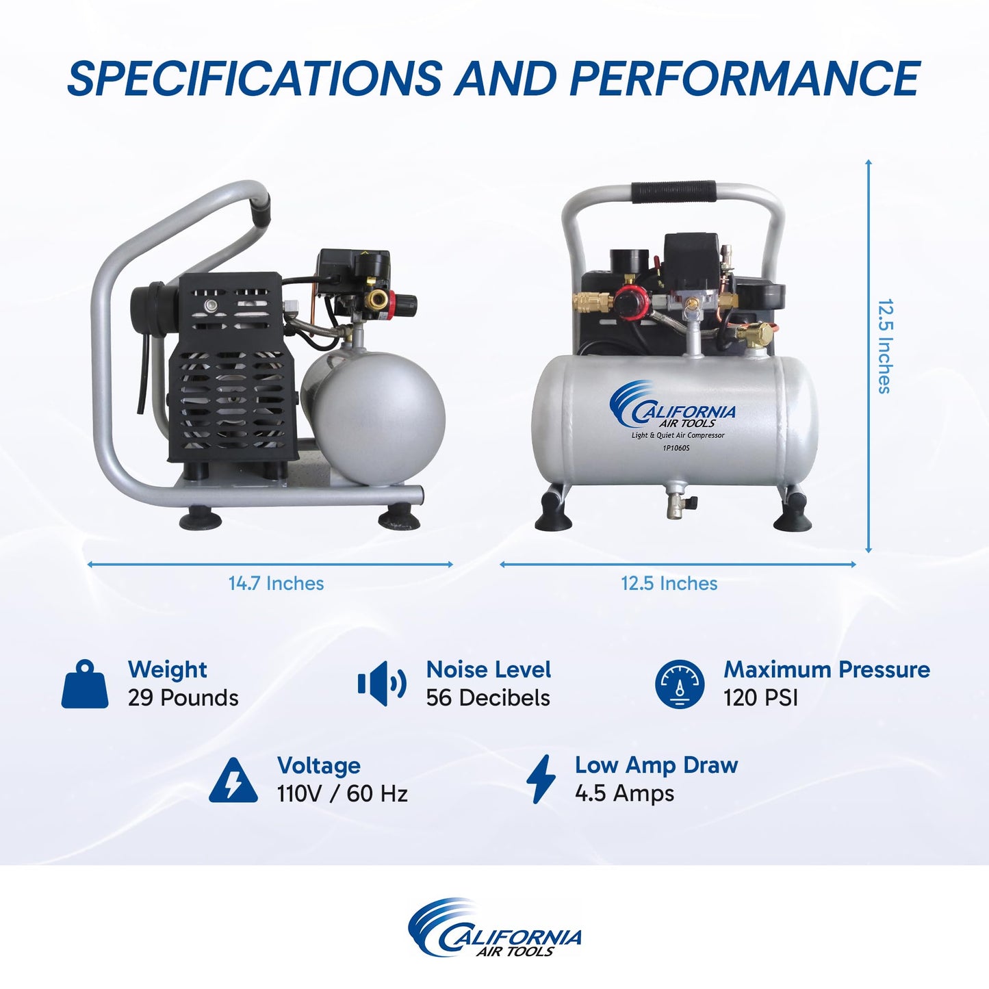 California Air Tools CAT-1P1060S Light & Quiet Portable Air Compressor, Lightweight, Ultra Quiet, Oil-Free, 1 Gallon Steel Tank, .6 HP, 56 dBA Noise Level, Silver