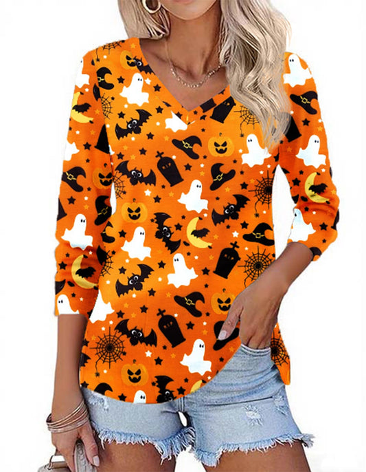 Zeagoo Halloween Shirt for Women Long Sleeve Pumpkin Printed Cute T Shirts Orange Graphic Tops Fall Tee Fashion Gift XXL