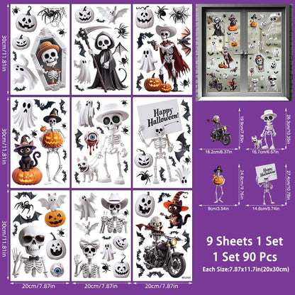 Wothfav 90Pcs Halloween Window Clings for Halloween Decorations, 9 Sheets Double-Sided PVC Window Stickers with Skull Grim Reaper, Removable Glass Decal Party Supplies for Indoor & Outdoor Home Decor