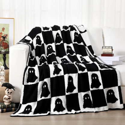 Buryeah Halloween Ghost Knit Throw Blanket, 50 x 60 Inch Spooky Ghost Reversible Knitted Throw Blanket, Cozy Lightweight Soft Gift for Couch Sofa Bed