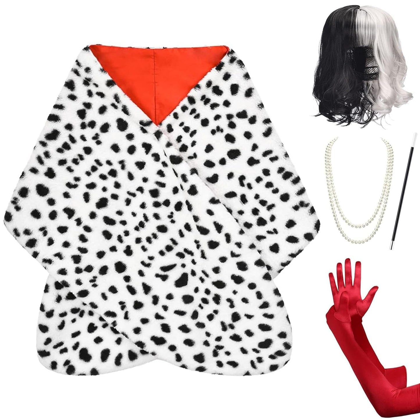 HMPRT Halloween Costume Women 2022 - Dalmatian Shawl, Red Gloves, Necklace and Wig Cap Accessories for Adult (Short Wig)