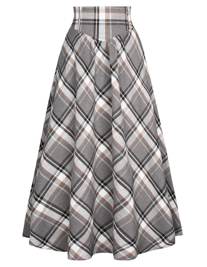 Women Plaid Skirt High Waisted Victorian Vintage Maxi Skirts for Halloween Grey L