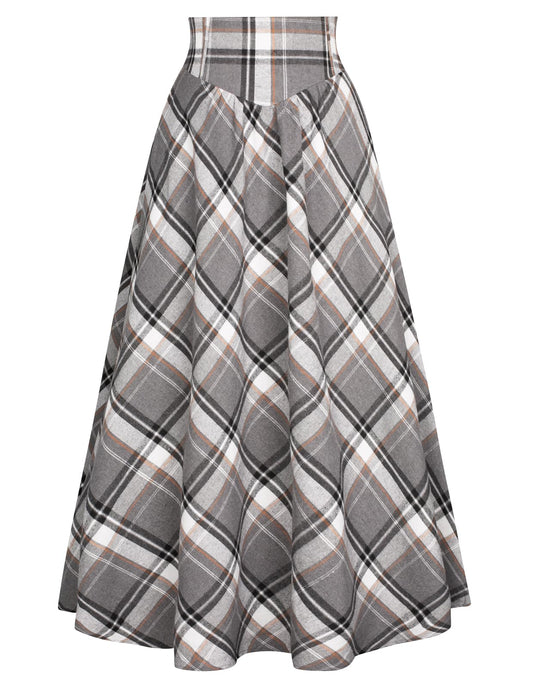 Women Plaid Skirt High Waisted Victorian Vintage Maxi Skirts for Halloween Grey L