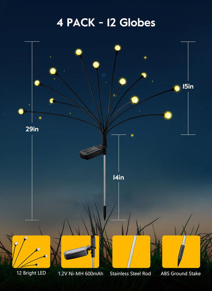 Brightown Solar Garden Lights - 4 Pack 48 LED Firefly Lights with 2 Lighting Mode, Sway by Wind, Waterproof Solar Light for Outdoor Outside Yard, Warm White