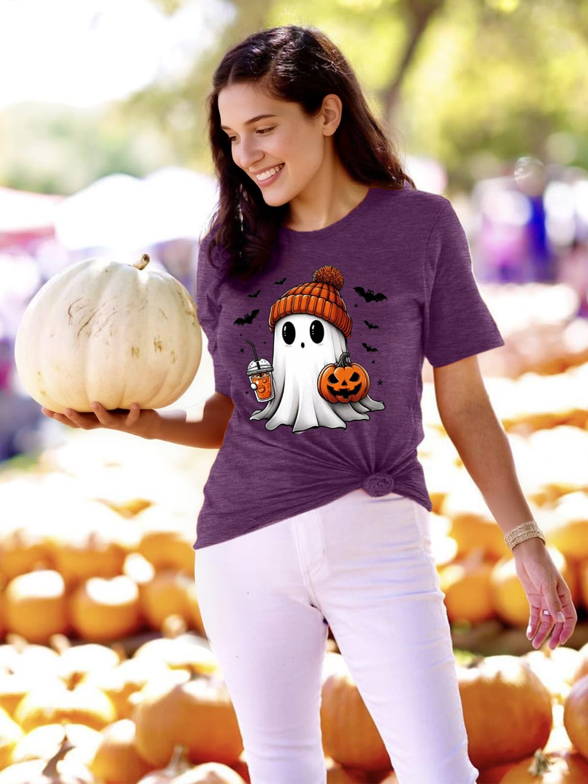 Womens Halloween Ghost Shirt Fall Cute Ghost Pumpkin Graphic Short Sleeve Tee Autumn Pumpkin Coffee T Shirt(M, Purple)