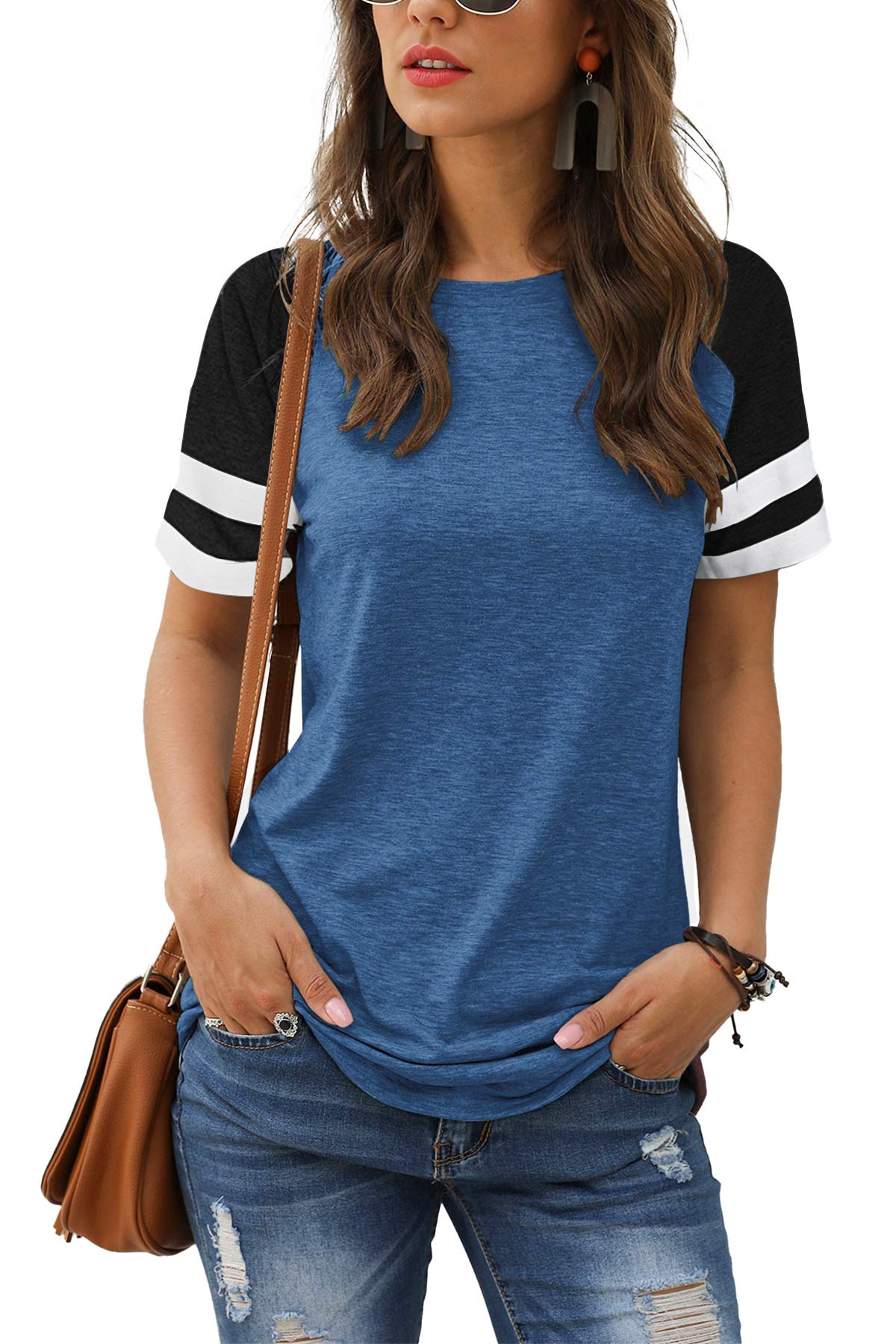 Adibosy Women Summer Casual Shirts: Short Sleeve Striped Tunic Tops - Ladies Loose Crew Neck Tee Tshirt Blouses Blue L