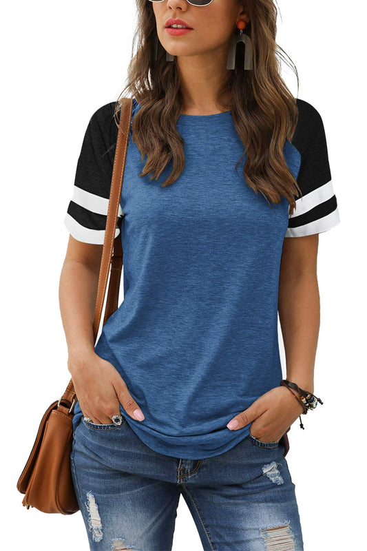 Adibosy Women Summer Casual Shirts: Short Sleeve Striped Tunic Tops - Ladies Loose Crew Neck Tee Tshirt Blouses Blue L