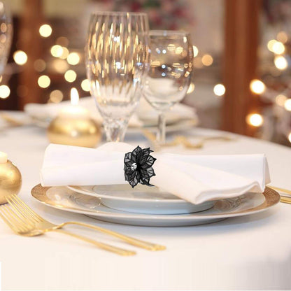 BEAVOING Pack of 18 Napkin Rings Alloy Hollow Out Flower Napkin Holder Dinning Table Napkin Ring for Dinner Parties Wedding Banquet Table Setting Family Gatherings Table Decor (Black Flower, 18)