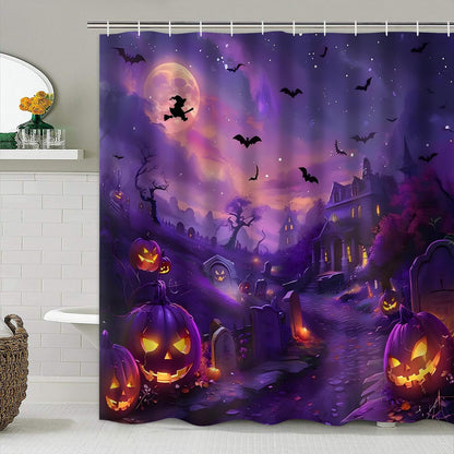 AZHM Halloween Shower Curtain, Castle Pumpkin Party Theme Shower Curtain with Rug, Witch Bat Graveyard Scary Bathroom Decor Set