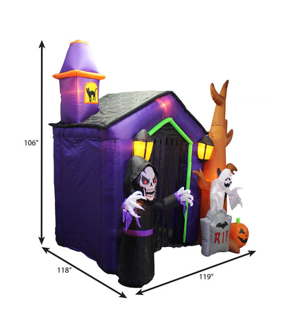 8.5 Foot Halloween Inflatable Haunted House Castle with Skeleton, Ghost, Tree and Pumpkin Lights Decor Outdoor Indoor Holiday Decorations, Blow up