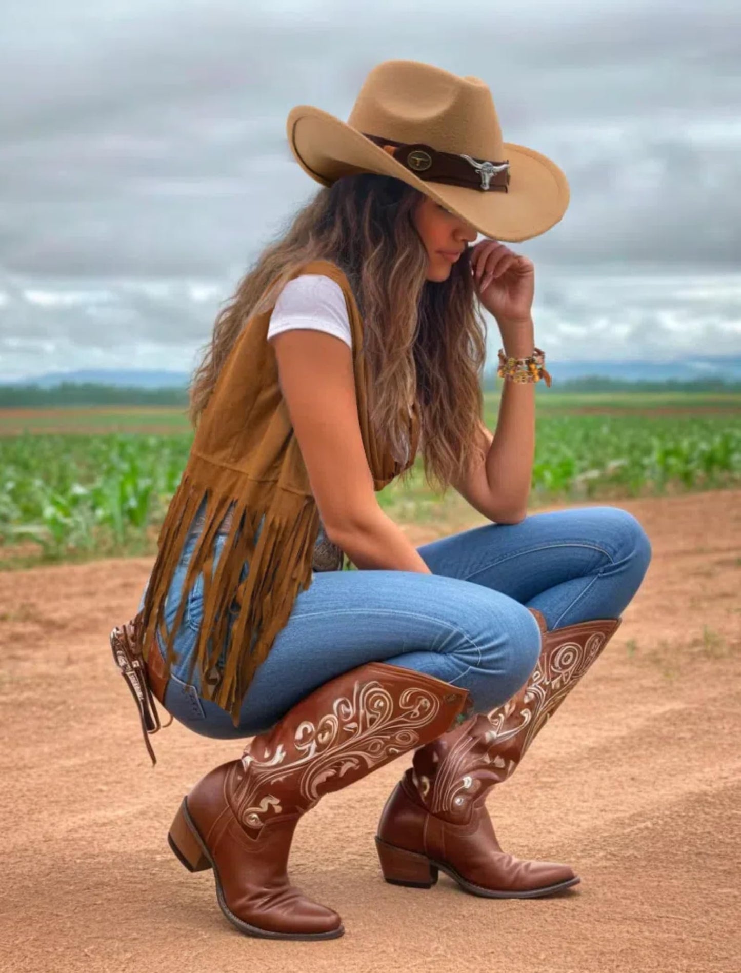 6 PC Cowgirl Western Outfits for Women Retro Cowgirl Costumes Fringe Vest Cow Girl Hat for Women Country 70s Hippie Outits (Brown, S)