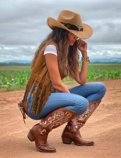 6 PC Cowgirl Western Outfits for Women Retro Cowgirl Costumes Fringe Vest Cow Girl Hat for Women Country 70s Hippie Outits (Brown, S)