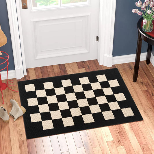 BOVEU Indoor Door Mat Front Door Rugs - 36"x24" Non Slip Washable Checkered Absorbent Entry Rug Inside Floor Mats for Entrance Black