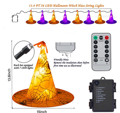 Battery Operated Halloween Lights Witch Hat Decoration,8 Pack Orange and Purple Hanging Lighted Hats with 56 LED Warm White Lights with Remote, Floating Witch Hat Light for Indoor Outdoor Decoration