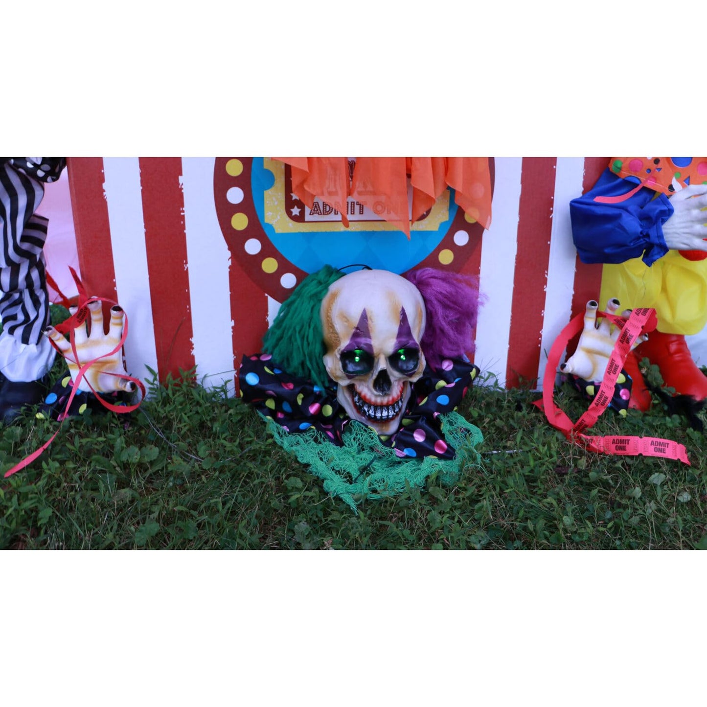 Haunted Hill Farm Scary Talking Groundbreaker Skeleton Clown Halloween Prop with Touch Activated Lights and Sounds, Battery Operated, Poseable Indoor or Covered Outdoor Halloween Decorations for Home