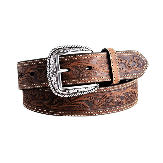 ARIAT Men's Floral Stamped Leather Belt, Brown, 32