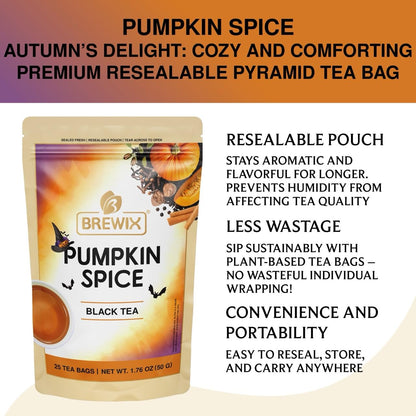 BREWIX, Pumpkin Spice Black Tea Bags (25 Pyramid Bags) | Cozy Fall Blend with Cinnamon, Ginger, Nutmeg & Clove | Caffeinated, Warm & Aromatic | Perfect for Autumn & Halloween