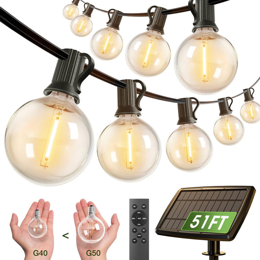 addlon 50FT Solar String Lights for Outside G50 Waterproof with USB Port Solar Patio Lights Outdoor Solar Powered LED Bulbs 3 Light Modes for Backyard Porch Garden Market Bistro Camping