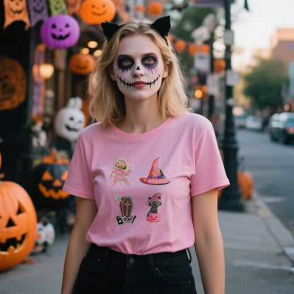 AXEN 16pcs Halloween Iron on Patches, Pink Halloween Patches Embroidered Applique for Girls Clothing, Hats, Backpacks, Jeans