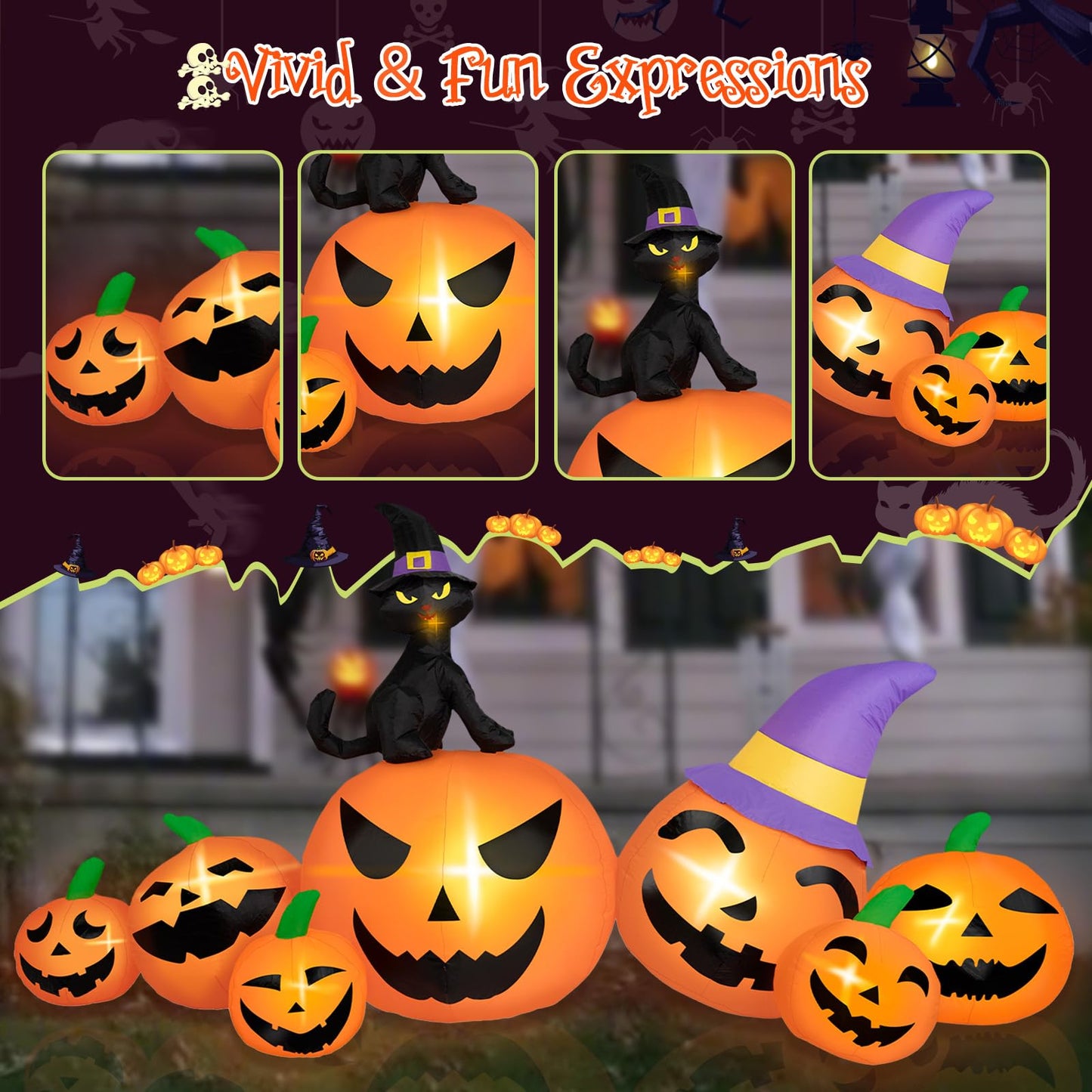 BRDJade 8FT Long Halloween Inflatables Pumpkin Outdoor Decorations, 7 Blow Up Pumpkins Inflatables with Witch Hat & Black Cat Built-in LED Lights for Halloween Party Yard Garden Lawn Decorations