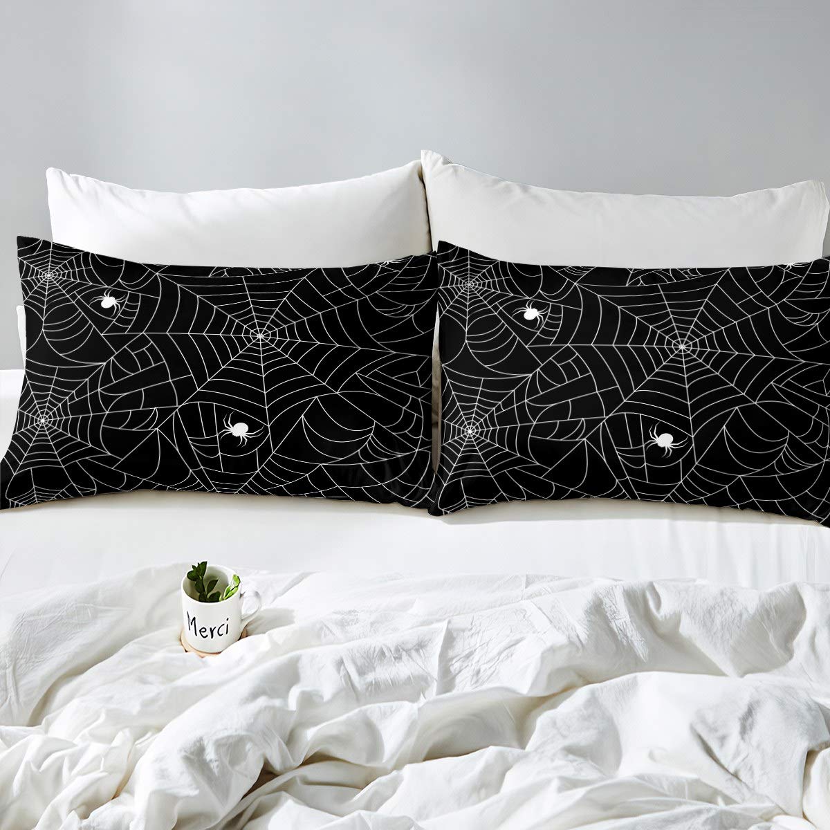 Boys Spider Web Sheet Set for Kids Children Halloween Themed Bed Sheet Set Full Girls Decorative Scary Spider Pattern Sheets Soft Bed Set Black White,Flat Sheet+ Fitted Sheet + 2 Pillow Case