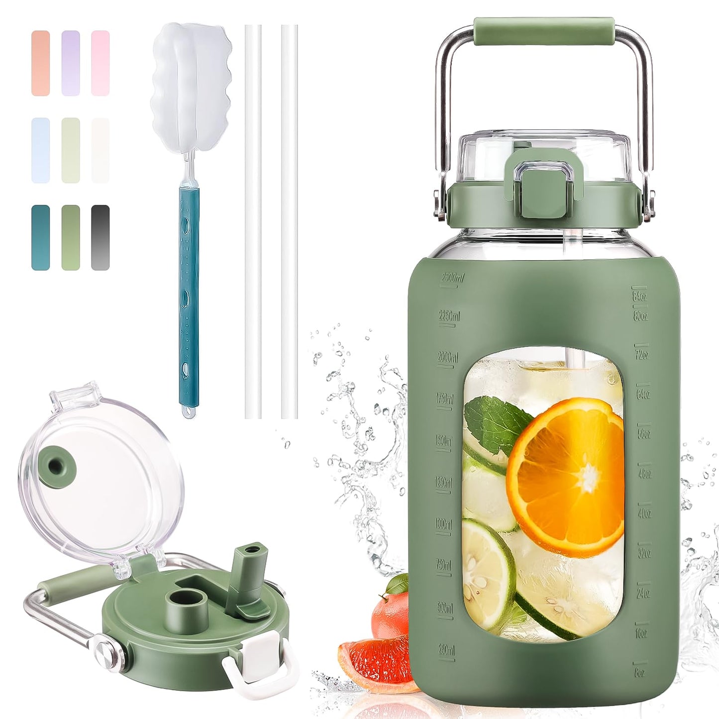 BLUEGO 84oz Water Bottle Glass with Stainless Steel Handle Large 2.5l Water Bottle with Time Markers and Silicone Sleeve Half Gallon Water Jug BPA Free for Gym Daily Use, Olive