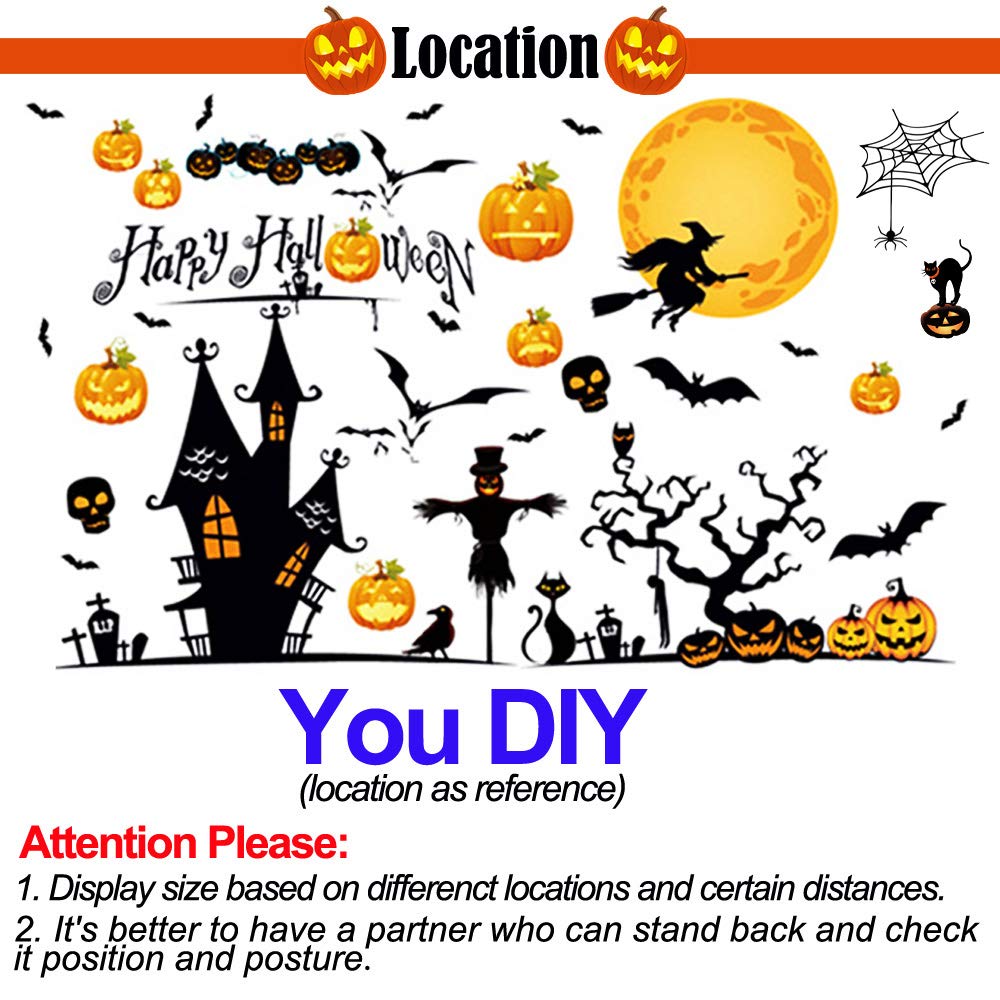 Happy Halloween Removable Wall Stickers Window Clings Art Decoration Vinyl Witch Bats Pumpkin Decals for Home Decor Indoor Outdoor