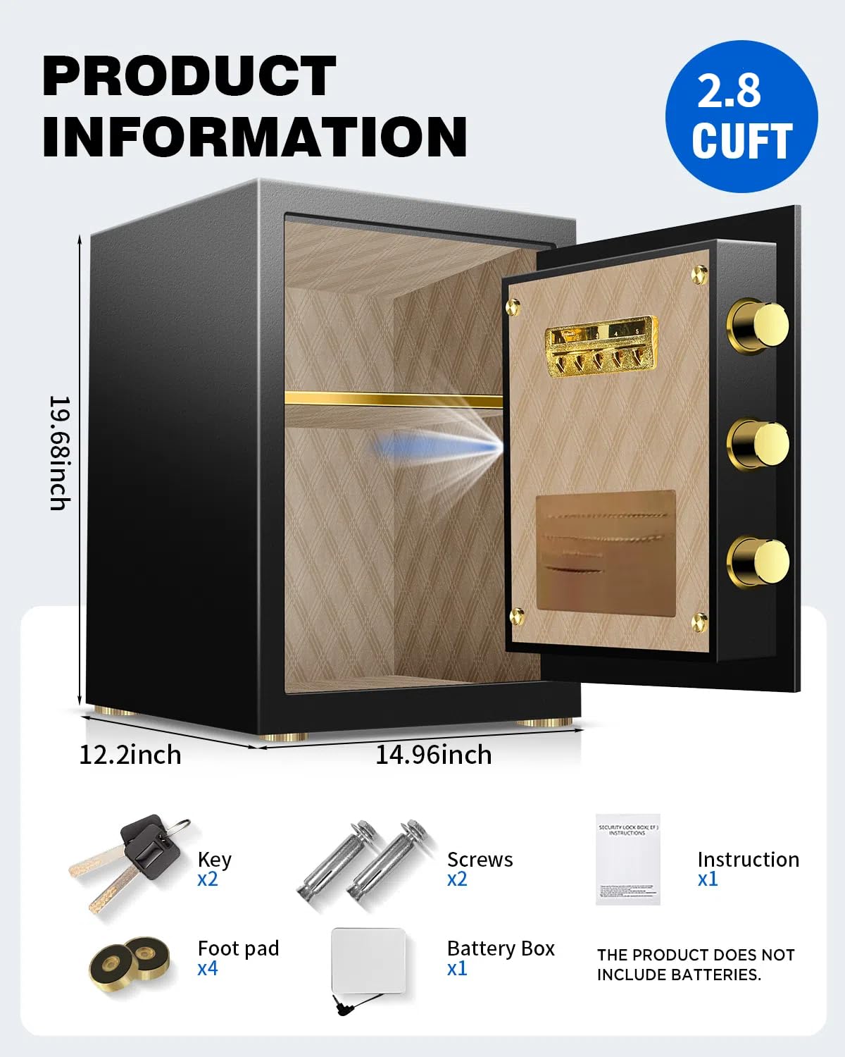 2.8 Cub Home Use Safe Box Fireproof Waterproof, Safety Box with Digital Keypad Sensor Light Key for Hotel Office Money Documents