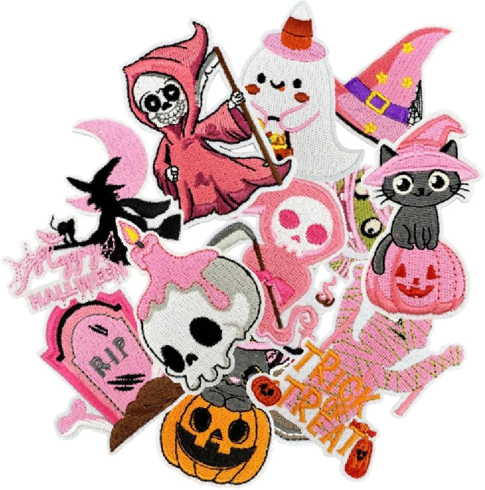 AXEN 16pcs Halloween Iron on Patches, Pink Halloween Patches Embroidered Applique for Girls Clothing, Hats, Backpacks, Jeans