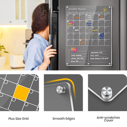 IDEATECH Acrylic Magnetic Fridge Calendar Planner 2025, Clear Dry Erase Board for Refrigerator, 2in1 Vertical Monthly & Weekly Planner to Do Grocery List Board,Family Calendar WhiteBoard Magnet(White)