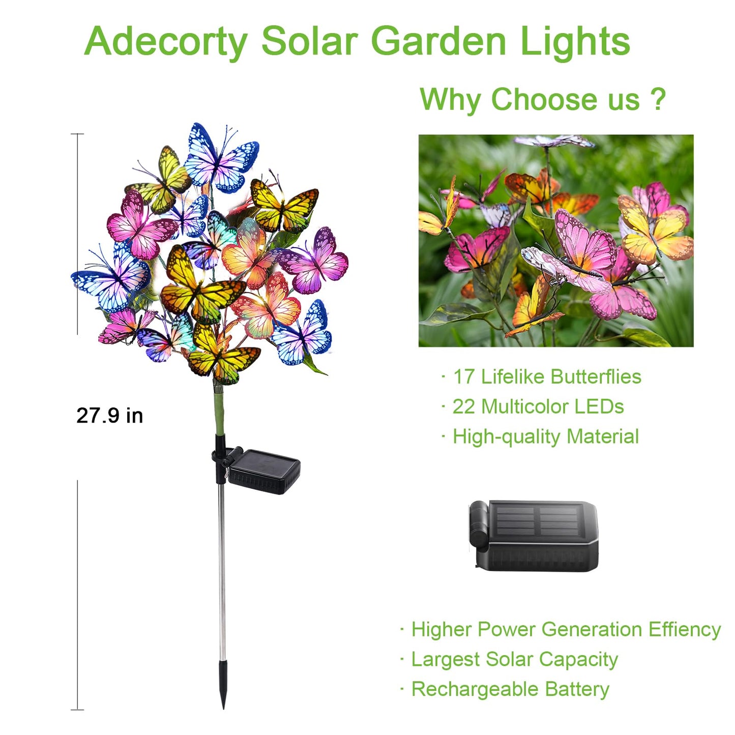 Adecorty Solar Garden Lights Outdoor Waterproof Decorative Solar Lights Outdoor 2 Pack with 44 LED 34 Butterfly Flower Garden Decor Yard Patio Lawn, Gifts for Mother's Day Mom Women