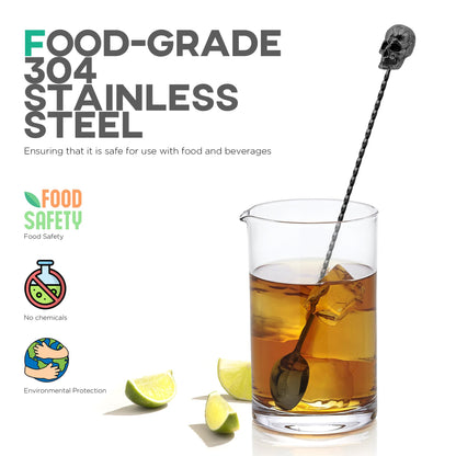 Homestia 12-Inch Skull Bar Spoon, 304 Stainless Steel Cocktail Spoon for Layering Long Spiral Handle Mixing Spoon Stirrers for Drink Black