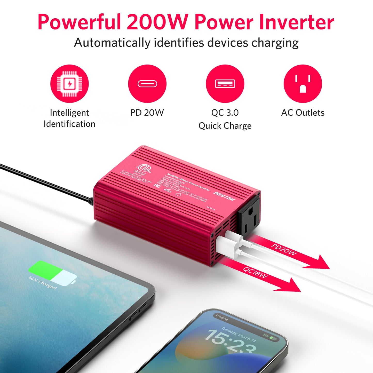 BESTEK 200W Car Power Inverter with Dual USB PD 20W QC 3.0 18W and DC 12V to AC 110V, Car Charger Adapter and Cigarette Lighter Socket