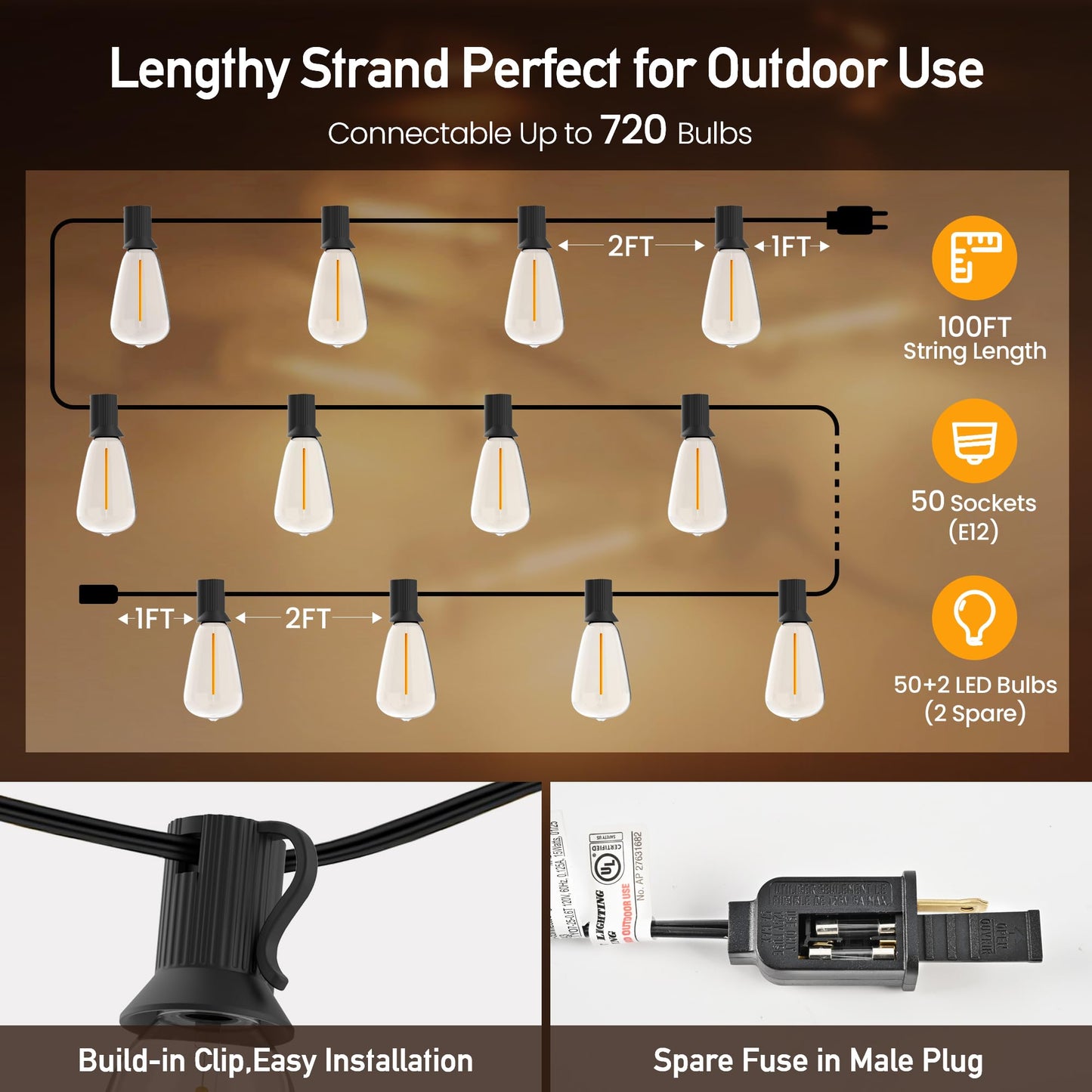 AUBVERC Outdoor String Lights 100 FT 52 Shatterproof LED Bulbs, UL Certified Patio Lights Outdoor Light Strings Waterproof for Patio Yard Outside Party Wedding, Connectable Dimmable 50 Sockets 2700K