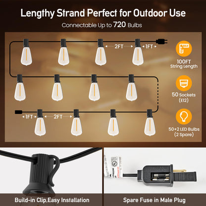 AUBVERC Outdoor String Lights 100 FT 52 Shatterproof LED Bulbs, UL Certified Patio Lights Outdoor Light Strings Waterproof for Patio Yard Outside Party Wedding, Connectable Dimmable 50 Sockets 2700K