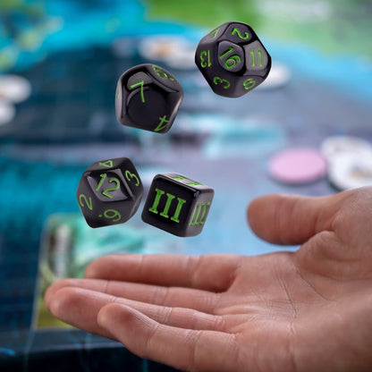 AUSTOR 15 Pieces Complete Polyhedral Dice Set D3-D100 Game Dice Set with a Leather Drawstring Storage Bag for Role Playing Table Games(Black & Green)